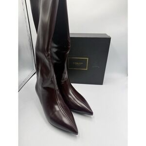 Comjuy Knee High Tall Boots Kitten Heel Pointed Toe 7.5M Wide Calf Burgundy
